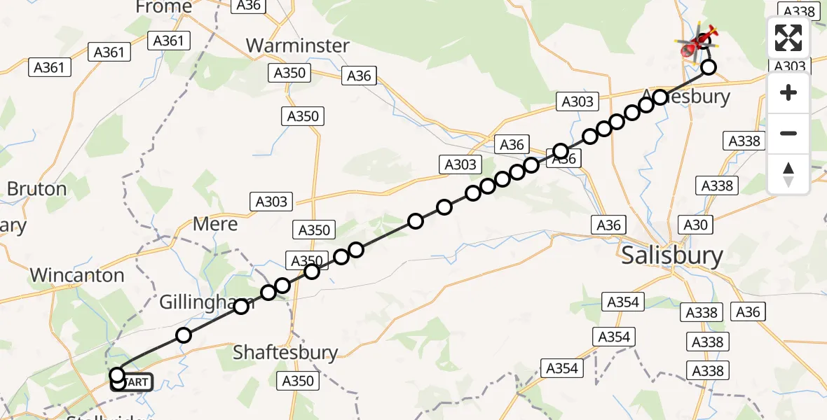 Flight route Air Ambulance Helicopter Henstridge Airfield - Brigmerston, 25 July 2026, 19:23