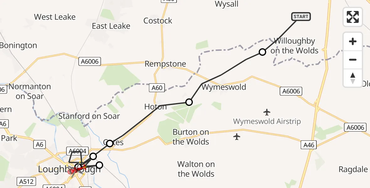 Flight route Air Ambulance Helicopter Willoughby on the Wolds - Loughborough, 25 July 2026, 19:34