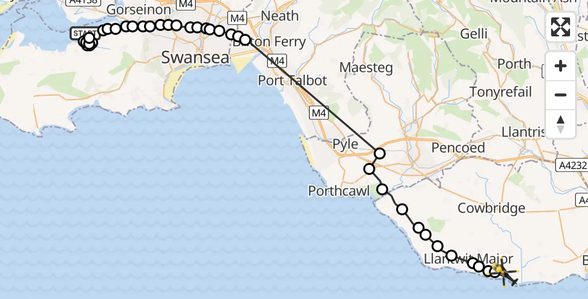 Flight route Police Helicopter Crofty - Gileston, 25 July 2026, 19:44