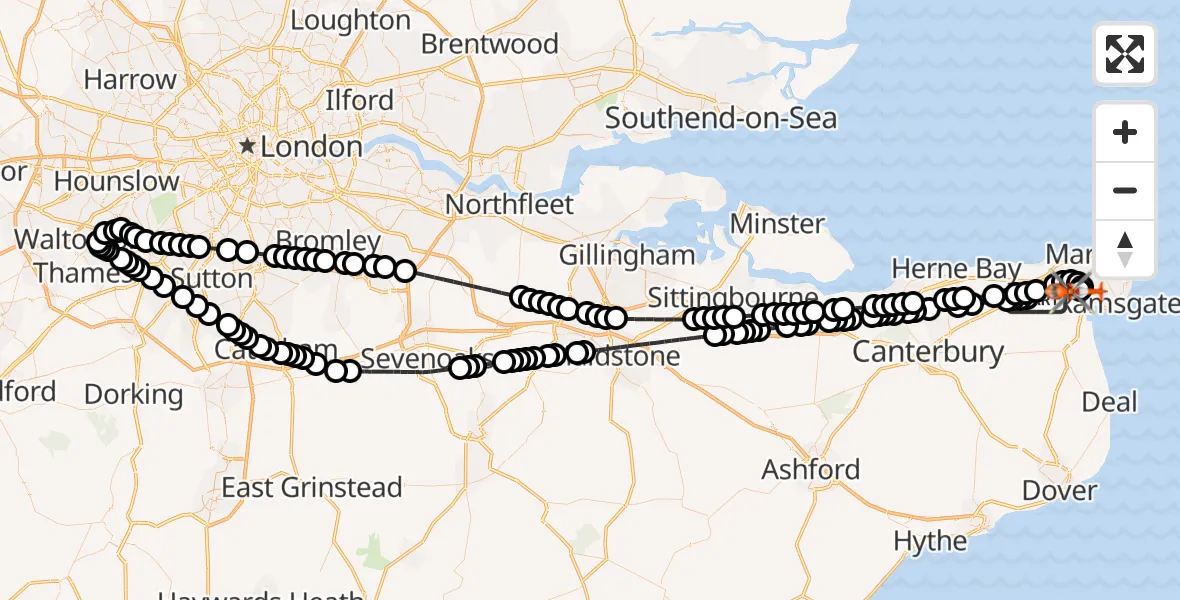 Flight route Coastguard Helicopter Monkton - Manston Airport, 25 July 2026, 20:02
