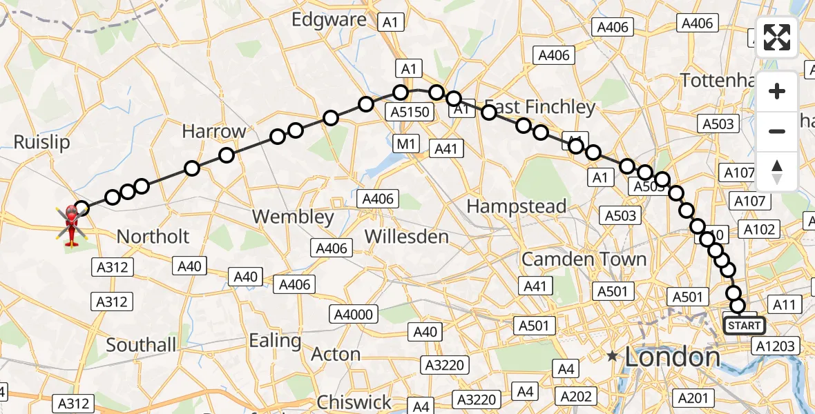 Flight route Air Ambulance Helicopter Royal London Hospital - RAF Northolt, 25 July 2026, 20:07