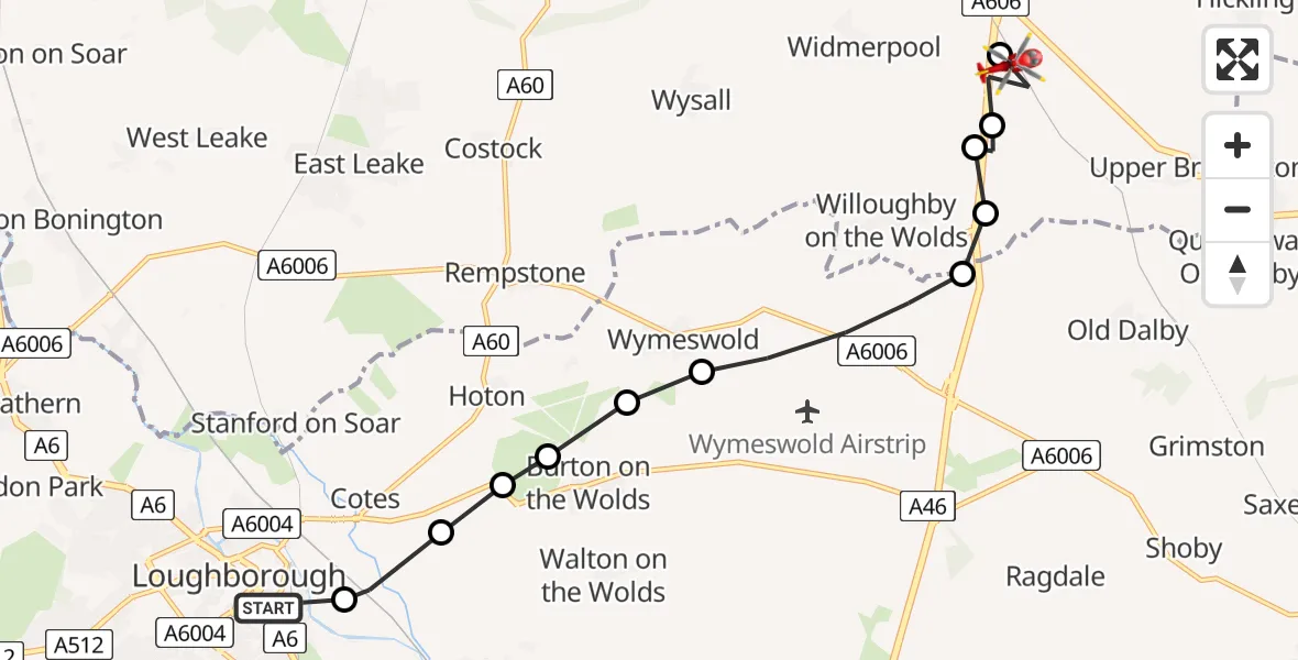 Flight route Air Ambulance Helicopter Loughborough - Rushcliffe, 25 July 2026, 20:20