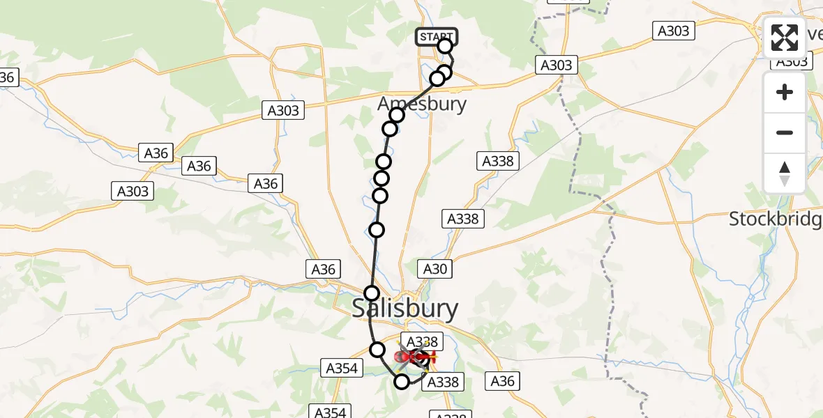 Flight route Air Ambulance Helicopter Brigmerston - Salisbury District Hospital, 25 July 2026, 20:22