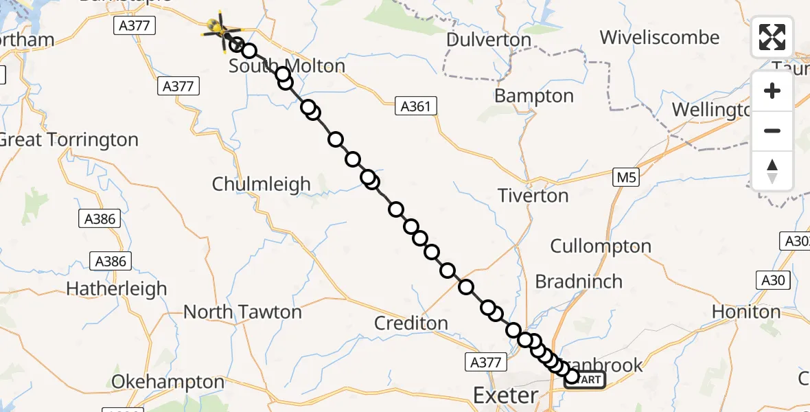 Flight route Police Helicopter Exeter International Airport - Filleigh, 25 July 2026, 20:32