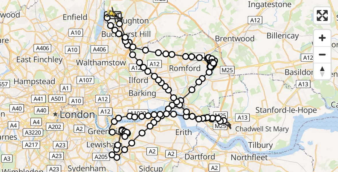 Flight route Police Helicopter Sewardstonebury - Metropolitan Police Air Support Unit Lippitts Hill, 25 July 2026, 20:48