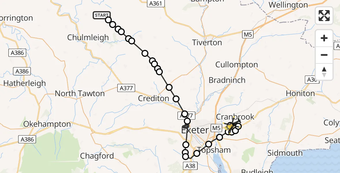 Flight route Police Helicopter Kings Nympton - Exeter International Airport, 25 July 2026, 20:59