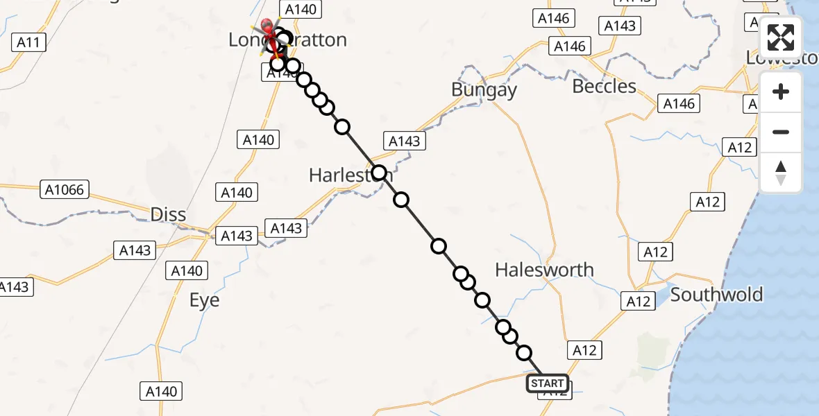Flight route Air Ambulance Helicopter Yoxford - Long Stratton Airstrip, 25 July 2026, 21:10