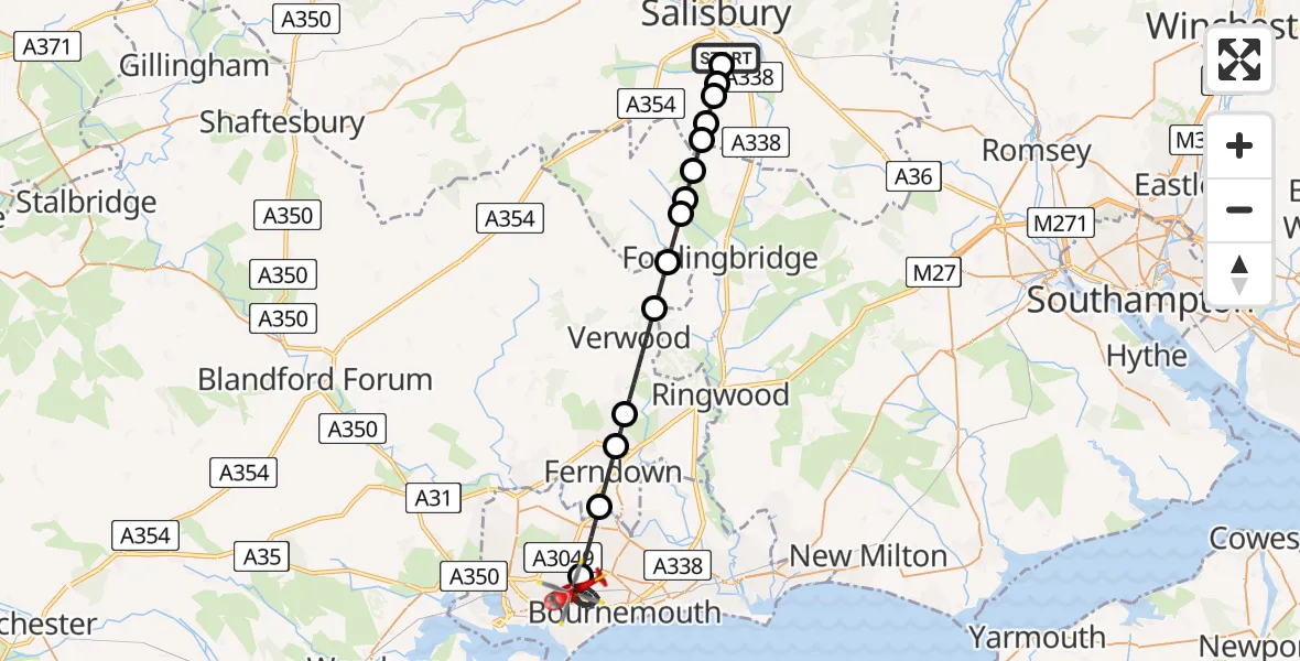 Flight route Air Ambulance Helicopter Salisbury District Hospital - Poole, 25 July 2026, 21:10