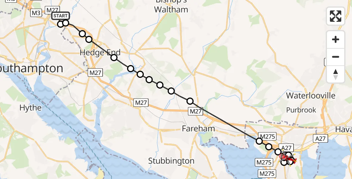 Flight route Air Ambulance Helicopter Southampton Airport - Anchorage Park, 25 July 2026, 21:13