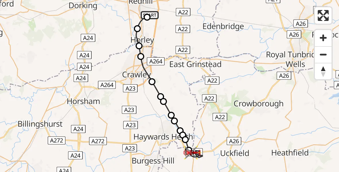 Flight route Air Ambulance Helicopter Redhill Aerodrome - Lewes, 25 July 2026, 21:23