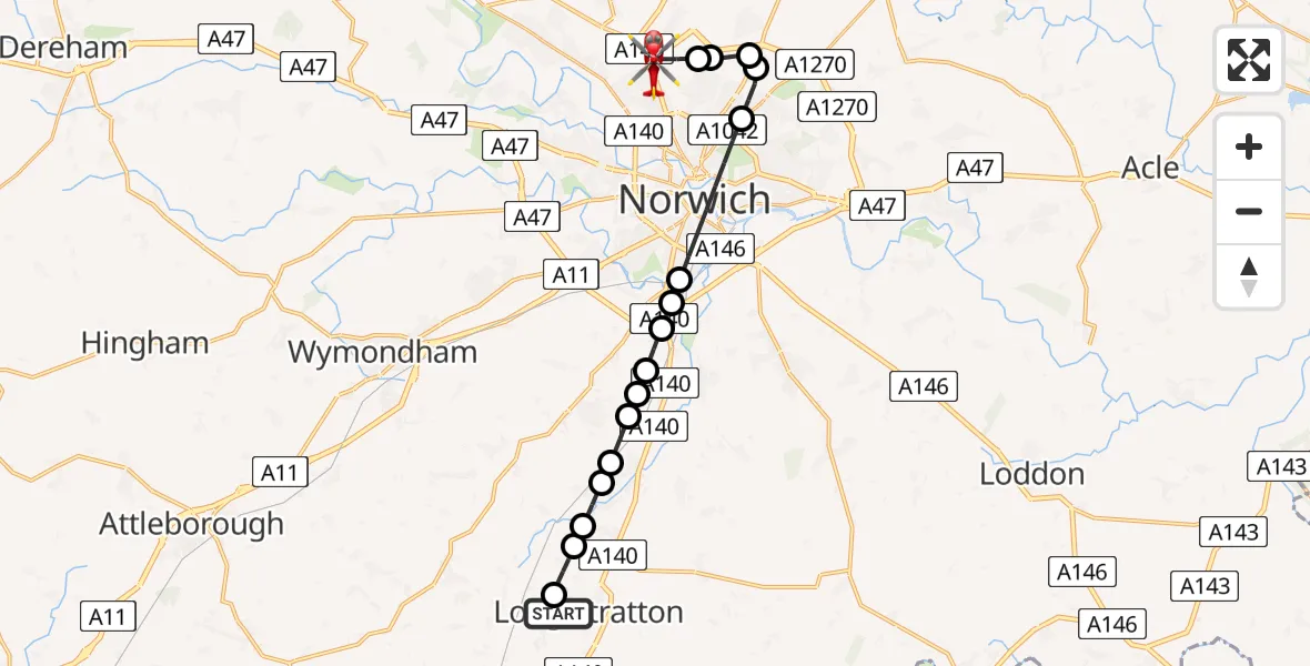 Flight route Air Ambulance Helicopter Long Stratton Airstrip - Norwich Airport, 25 July 2026, 21:32