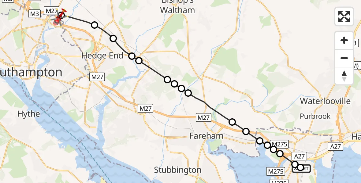 Flight route Air Ambulance Helicopter Hilsea - Southampton Airport, 25 July 2026, 21:56