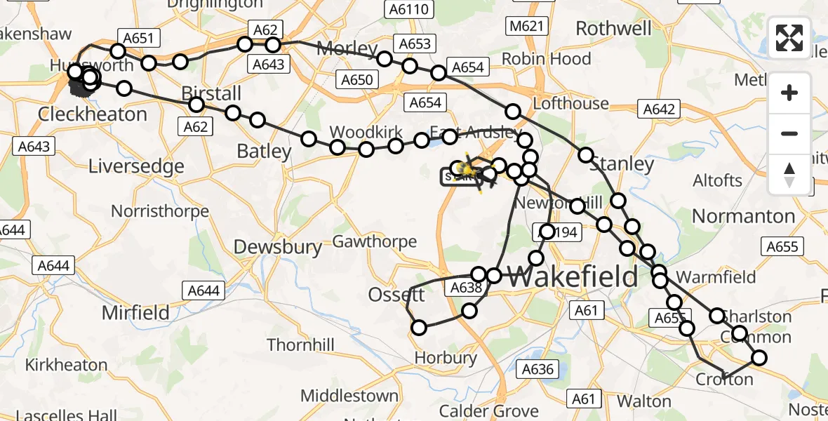 Flight route Police Helicopter East Ardsley - East Ardsley, 25 July 2026, 22:12