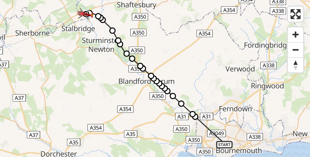 Flight route Air Ambulance Helicopter Poole - Henstridge, 25 July 2026, 22:16