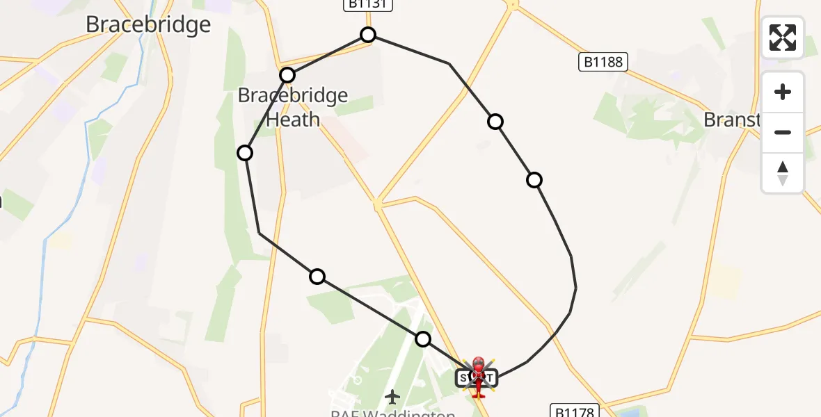 Flight route Air Ambulance Helicopter RAF Waddington - North Kesteven, 25 July 2026, 22:21