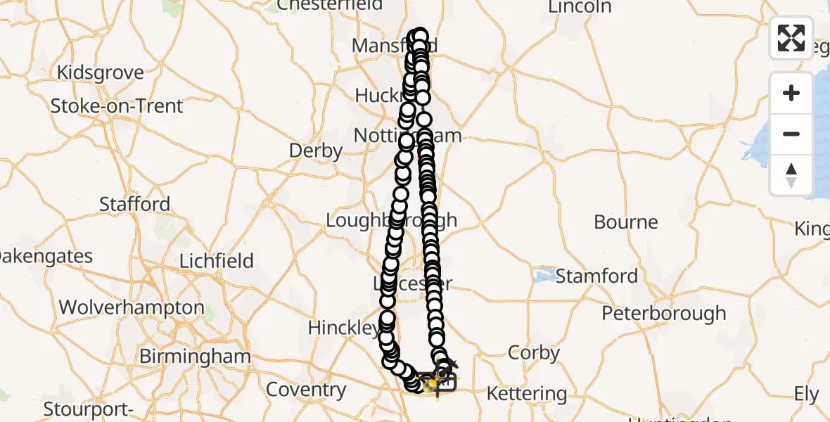 Flight route Police Helicopter Husbands Bosworth - Harborough, 25 July 2026, 22:23