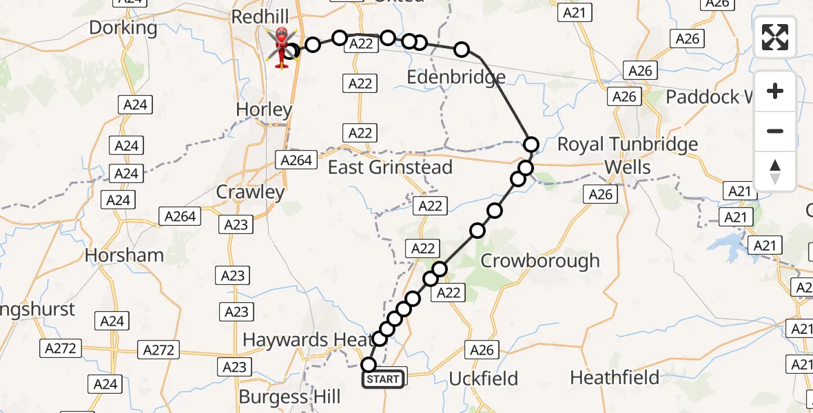 Flight route Air Ambulance Helicopter Lewes - Redhill Aerodrome, 25 July 2026, 22:34
