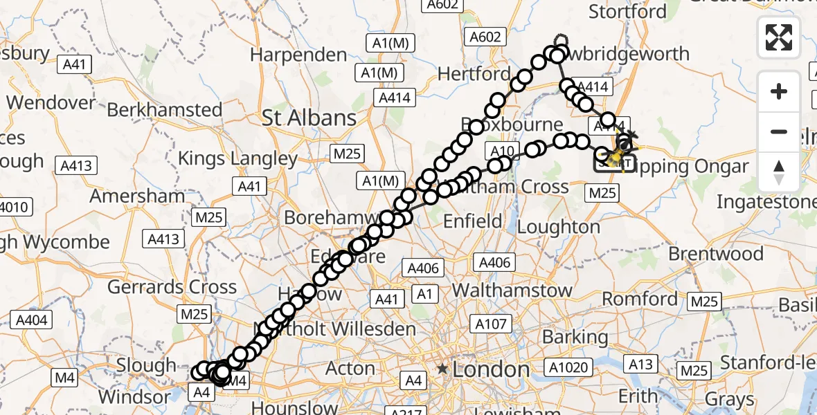 Flight route Police Helicopter North Weald Airfield - North Weald Airfield, 25 July 2026, 23:41