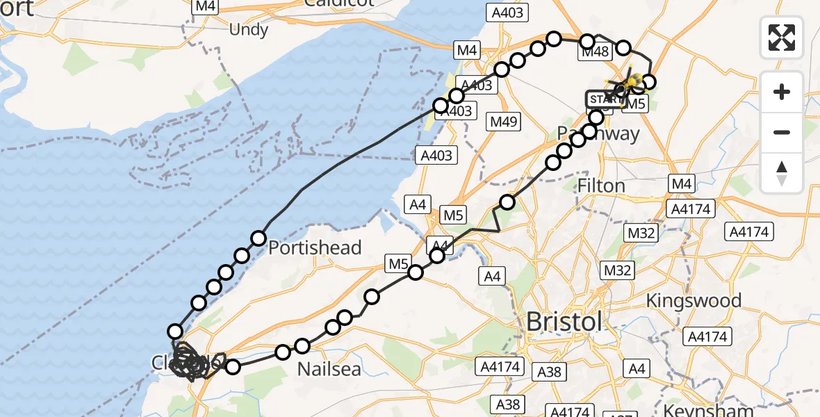 Flight route Police Helicopter Almondsbury - Almondsbury Helicopter Base, 25 July 2026, 23:49