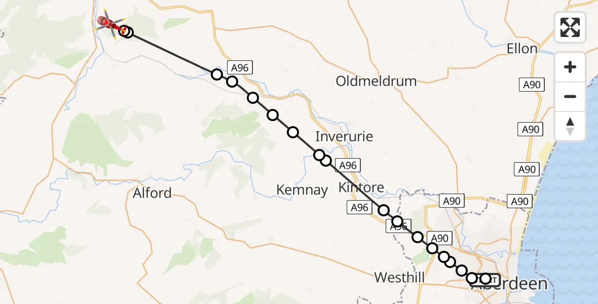 Flight route Air Ambulance Helicopter Aberdeen Royal Infirmary Helistrip - Gartly, 26 July 2026, 01:36