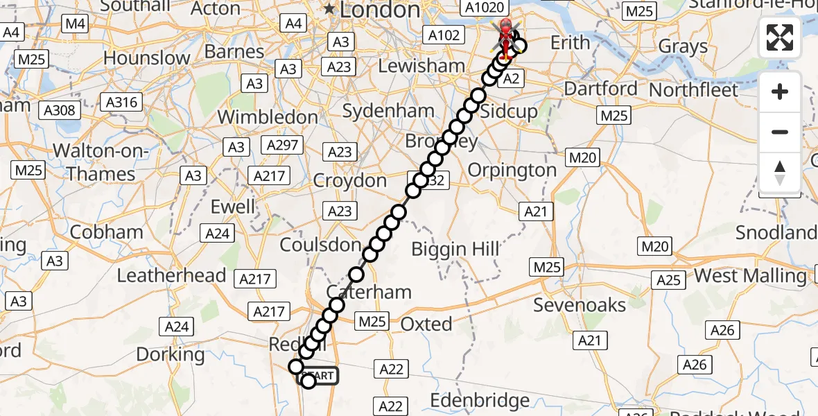 Flight route Air Ambulance Helicopter Redhill Aerodrome - Plumstead, 26 July 2026, 02:27