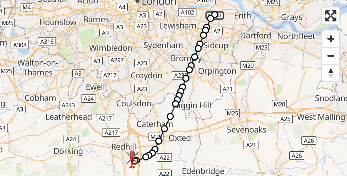 Flight route Air Ambulance Helicopter Plumstead - Redhill Aerodrome, 26 July 2026, 03:03