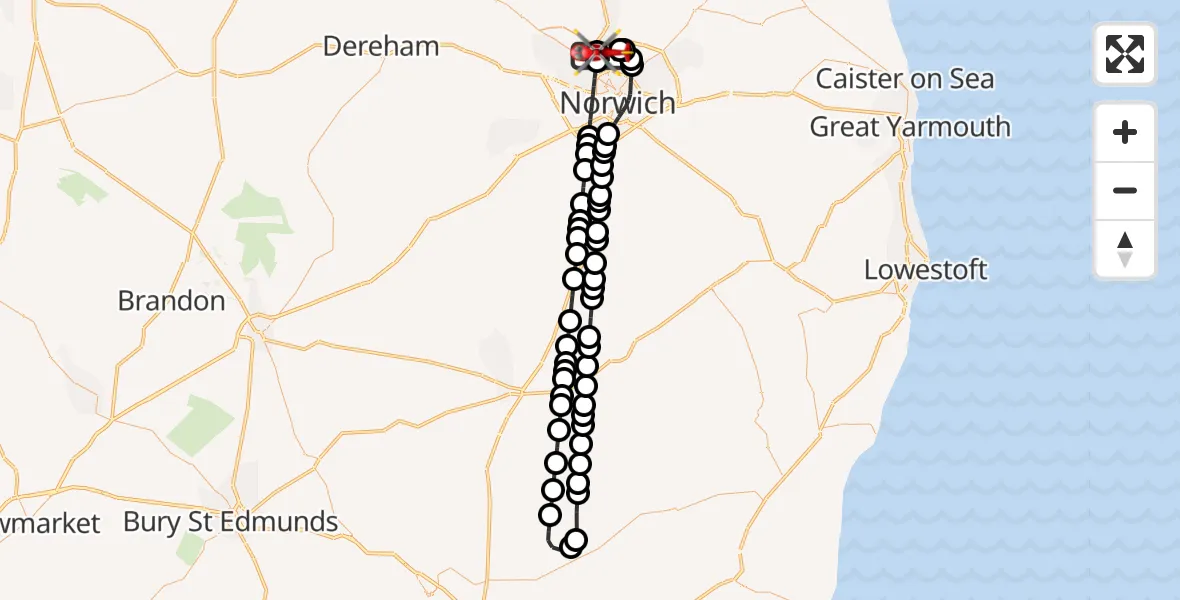 Flight route Air Ambulance Helicopter Norwich Airport - Norwich Airport, 26 July 2026, 04:31