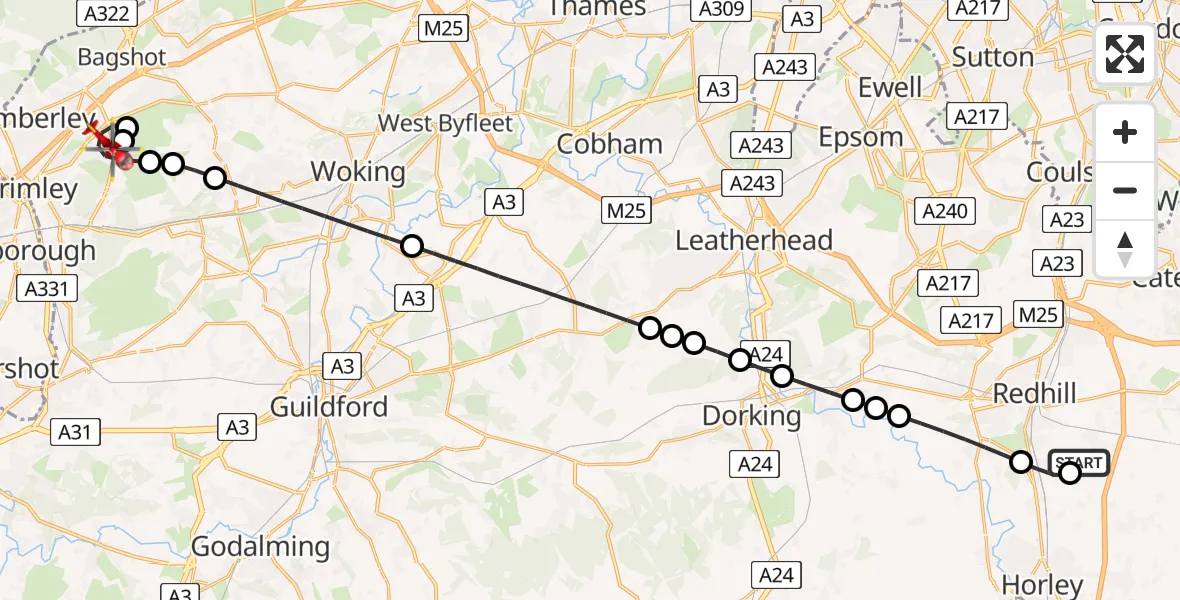 Flight route Air Ambulance Helicopter Redhill Aerodrome - Surrey Heath, 26 July 2026, 04:42