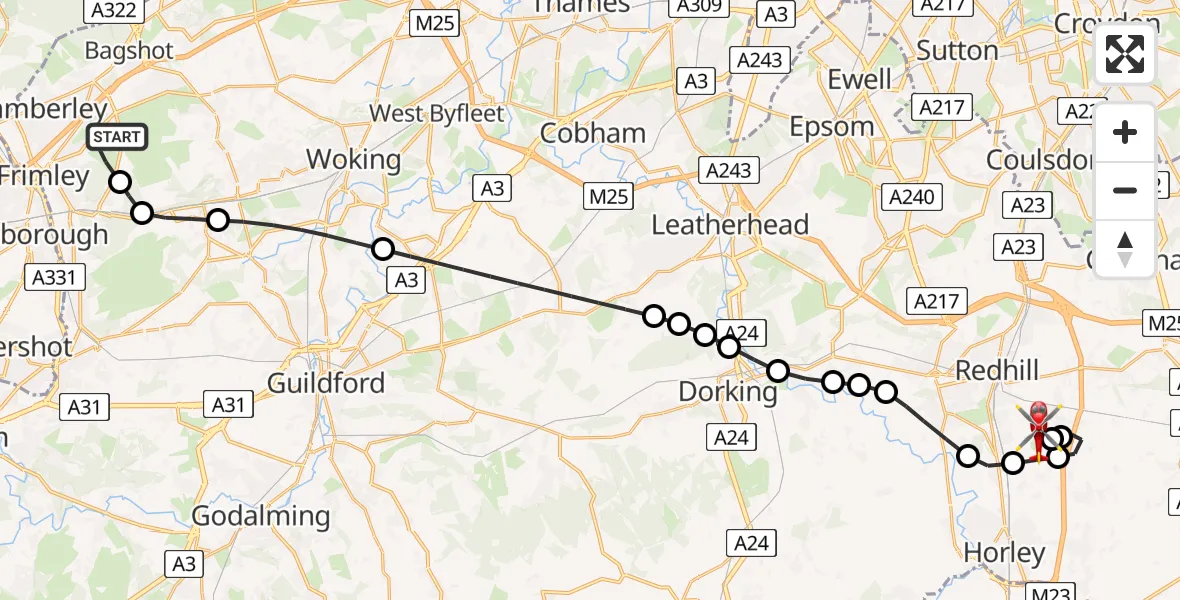 Flight route Air Ambulance Helicopter Surrey Heath - Redhill Aerodrome, 26 July 2026, 05:25