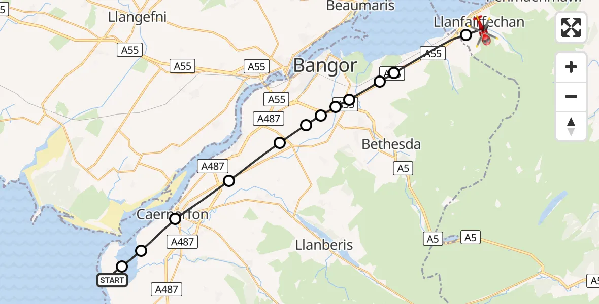 Flight route Air Ambulance Helicopter Caernarfon Airport - Llanfairfechan, 26 July 2026, 07:06