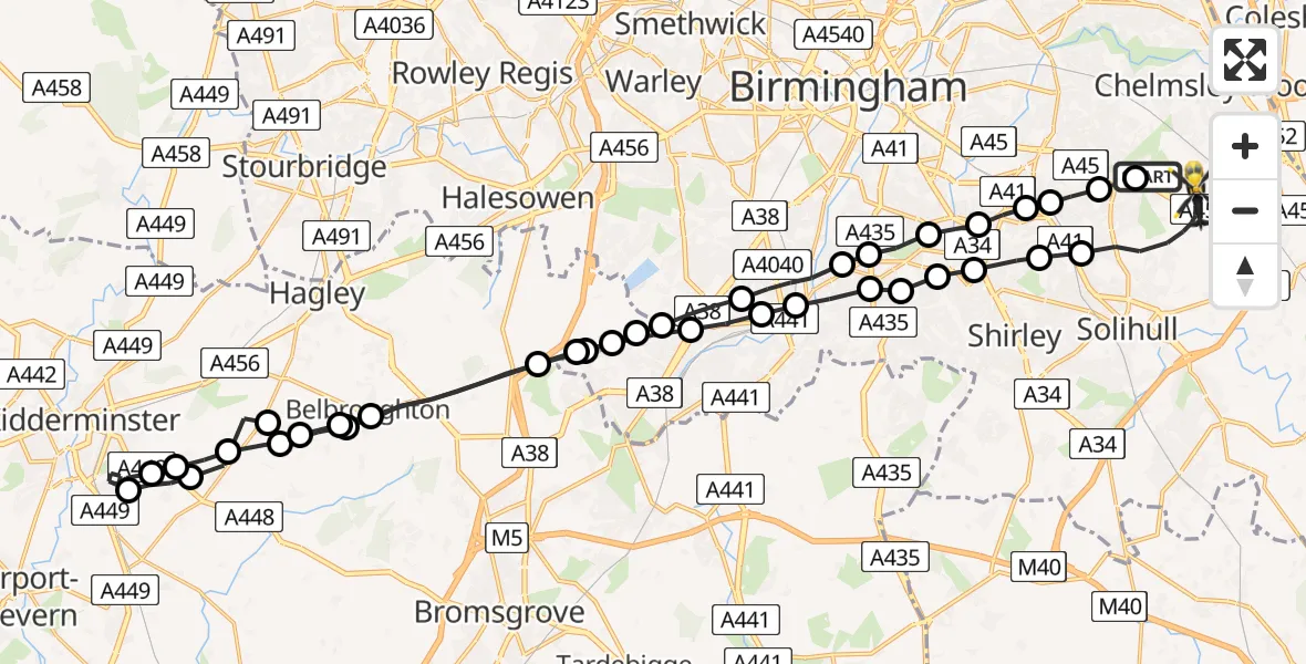 Flight route Police Helicopter Sheldon - Birmingham Airport, 26 July 2026, 07:35