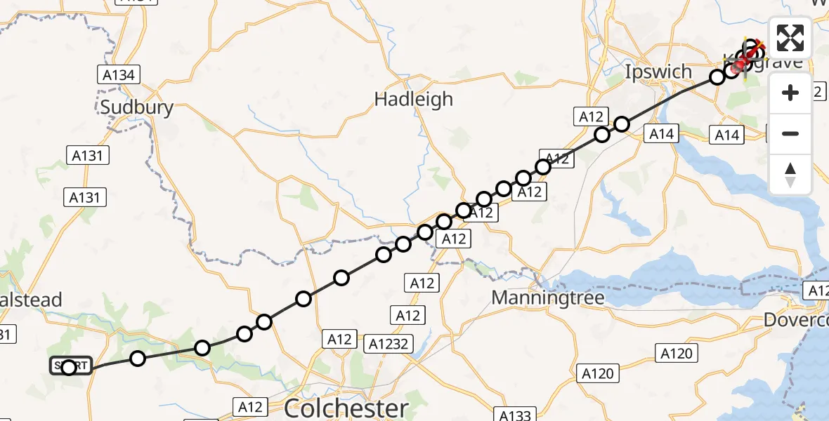 Flight route Air Ambulance Helicopter Earls Colne Airfield - Kesgrave, 26 July 2026, 08:01