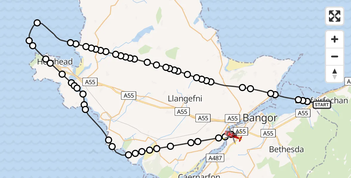 Flight route Air Ambulance Helicopter Llanfairfechan - Aber Pwll, 26 July 2026, 08:04