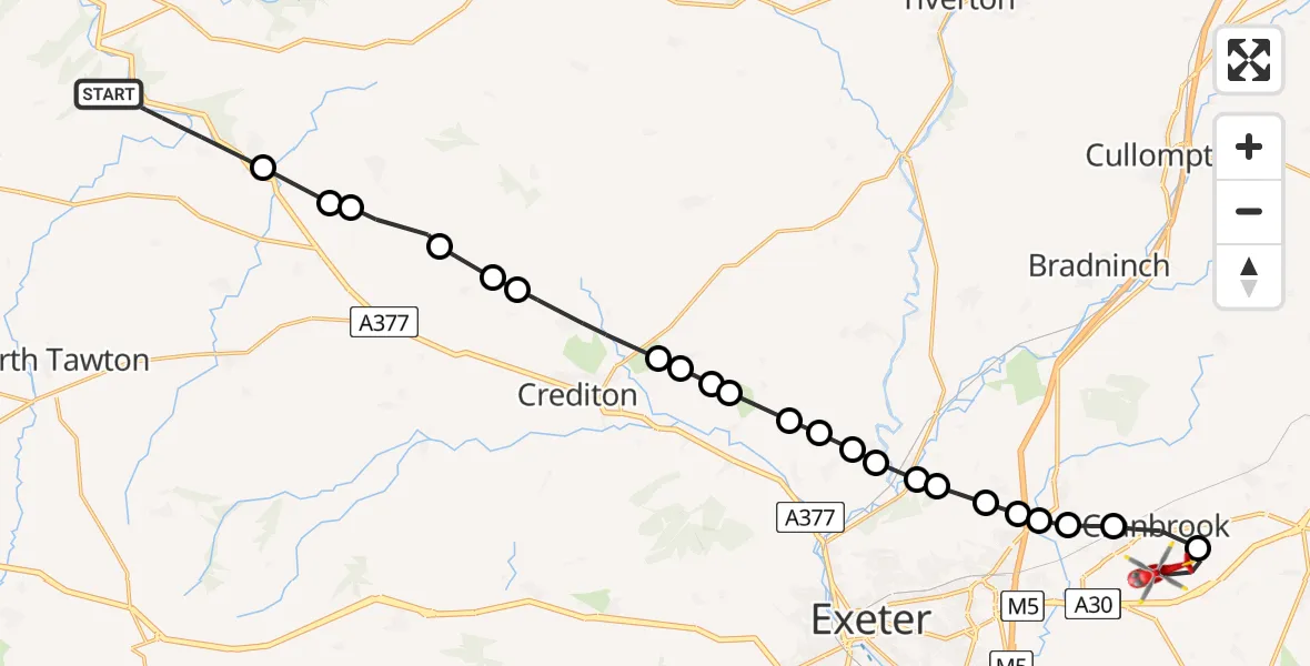 Flight route Air Ambulance Helicopter Mid Devon - Rockbeare, 26 July 2026, 08:14