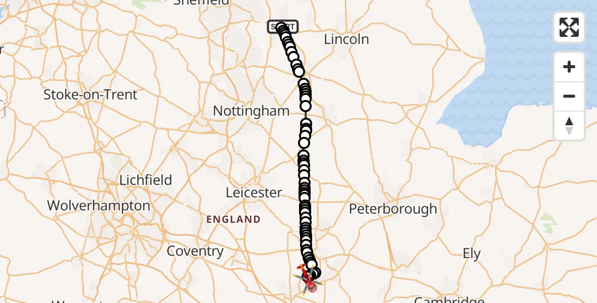 Flight route Air Ambulance Helicopter Retford Gamston Airport - Sywell Aerodrome, 26 July 2026, 08:33