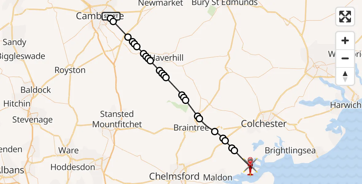 Flight route Air Ambulance Helicopter Cambridge City Airport - Maldon, 26 July 2026, 09:00