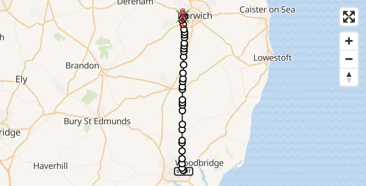 Flight route Air Ambulance Helicopter Ipswich - Norfolk & Norwich Hospital, 26 July 2026, 09:16