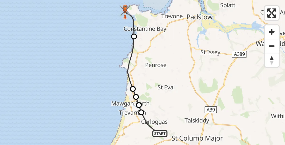 Flight route Coastguard Helicopter Cornwall Airport Newquay - Constantine Bay, 26 July 2026, 09:18