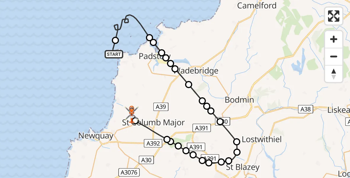 Flight route Coastguard Helicopter Constantine Bay - Cornwall Airport Newquay, 26 July 2026, 09:26