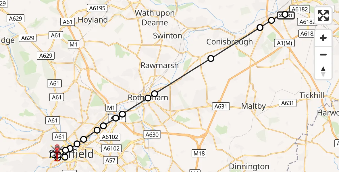 Flight route Air Ambulance Helicopter Balby - Sheffield Childrens Hospital, 26 July 2026, 09:29