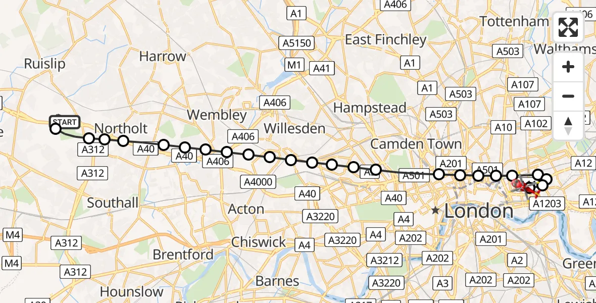 Flight route Air Ambulance Helicopter RAF Northolt - Royal London Hospital, 26 July 2026, 09:30
