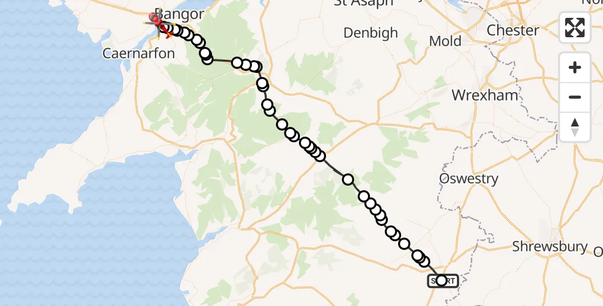 Flight route Air Ambulance Helicopter Welshpool Airport - Aber Pwll, 26 July 2026, 09:42