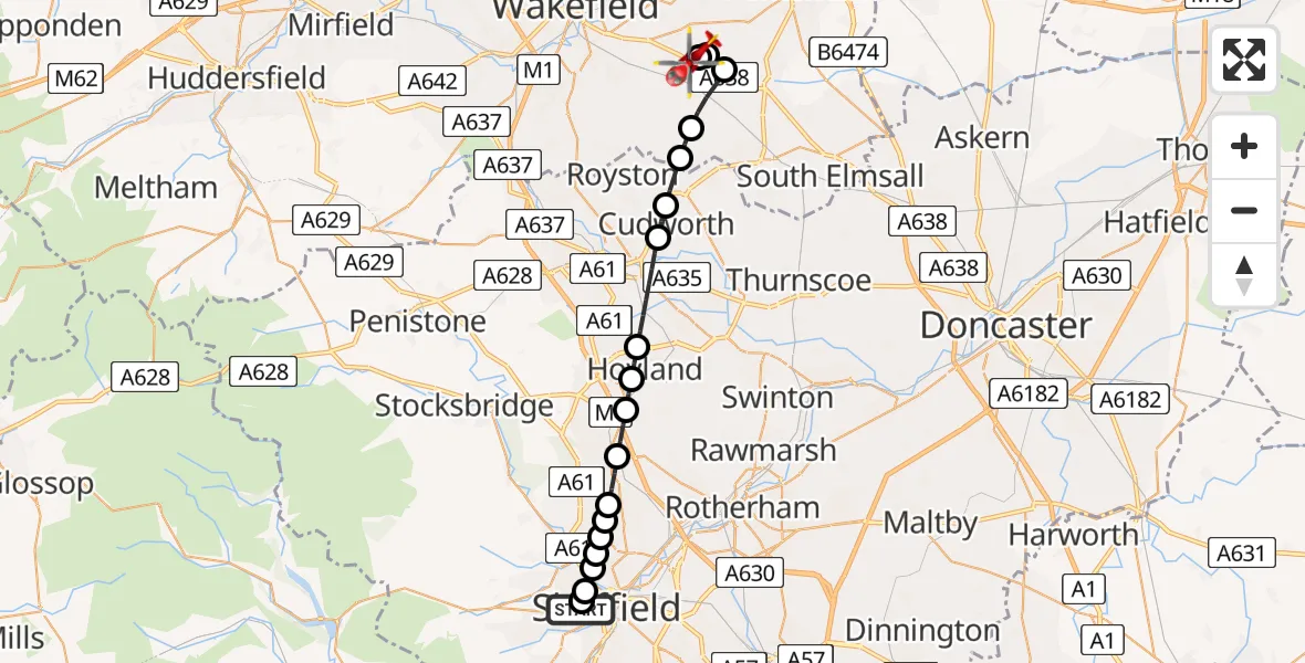 Flight route Air Ambulance Helicopter Sheffield Childrens Hospital - YAA Nostell Helicopter Port, 26 July 2026, 09:54