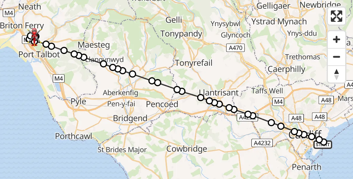 Flight route Air Ambulance Helicopter Cardiff Heliport - Baglan, 26 July 2026, 09:57