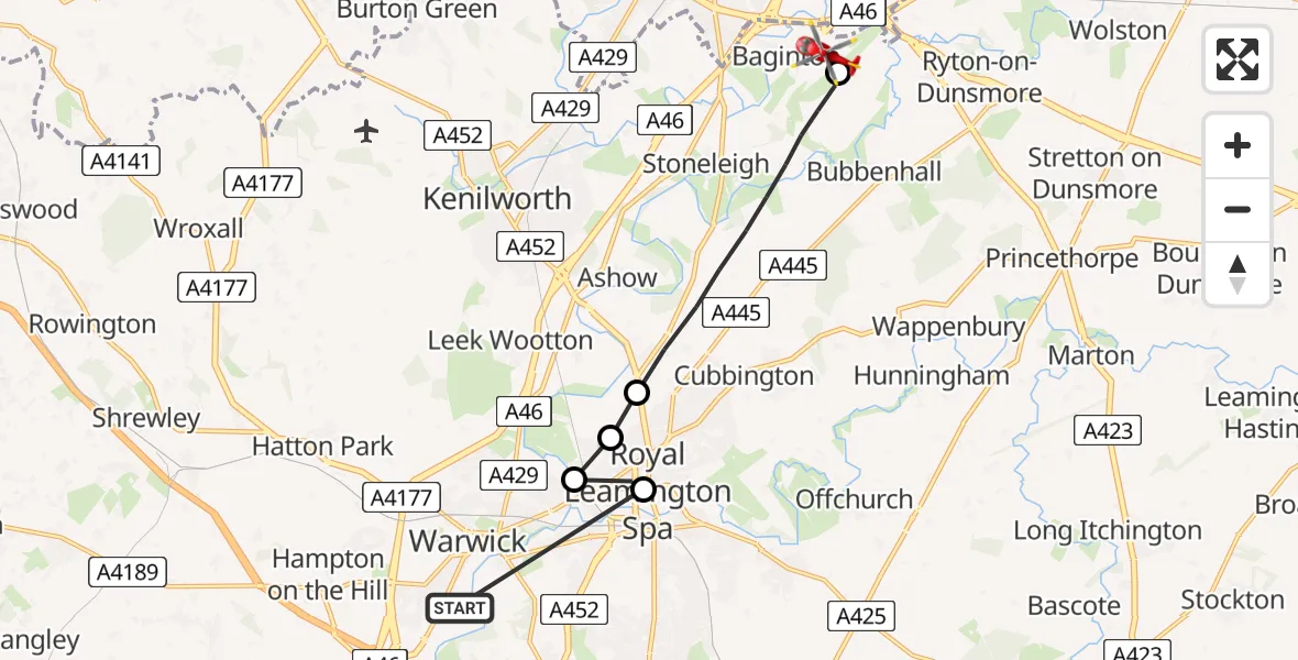 Flight route Air Ambulance Helicopter Warwick - Coventry Airport, 26 July 2026, 10:06