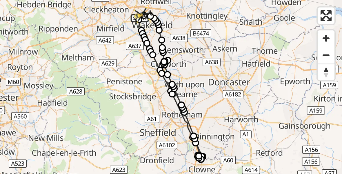 Flight route Police Helicopter Woodkirk - East Ardsley, 26 July 2026, 10:09