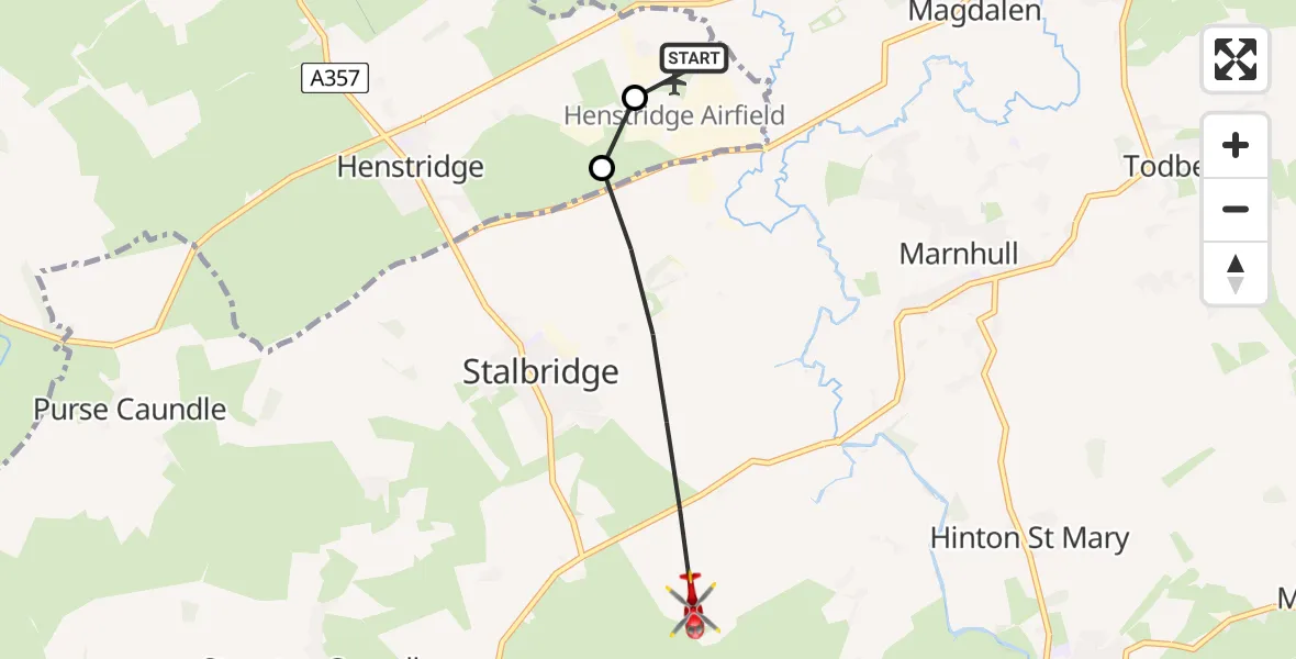 Flight route Air Ambulance Helicopter Henstridge Airfield - Stalbridge, 26 July 2026, 10:20