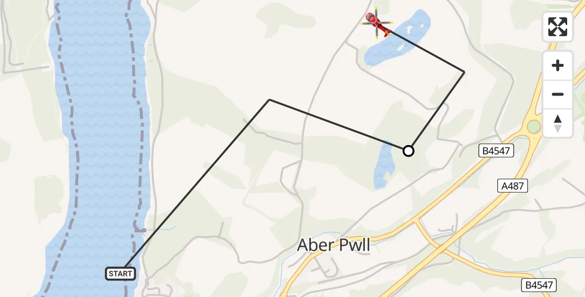 Flight route Air Ambulance Helicopter Y Felinheli - Aber Pwll, 26 July 2026, 10:33