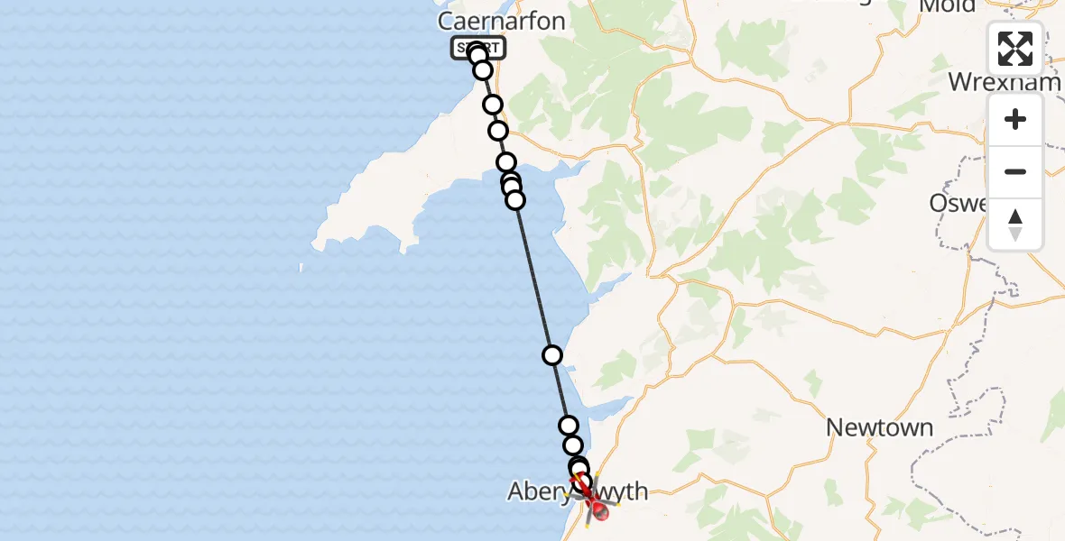 Flight route Air Ambulance Helicopter Caernarfon Airport - Aberystwyth, 26 July 2026, 10:33