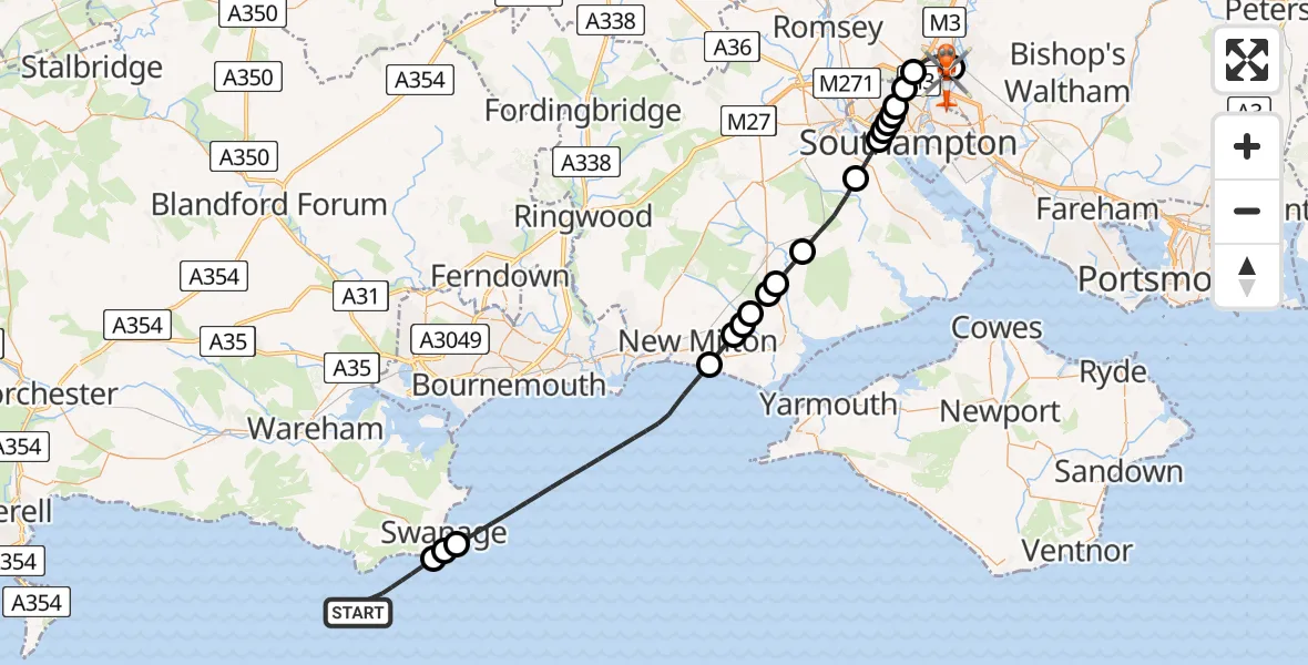 Flight route Coastguard Helicopter English Channel - Southampton Airport, 26 July 2026, 10:35